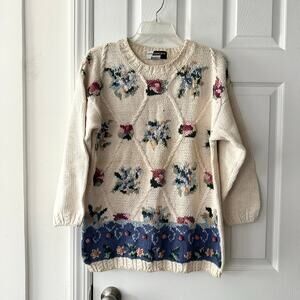 New Concepts Cream Floral Ramie Cotton Knit Grandma Cottagecore Sweater Medium